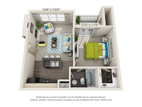 Floor plan for 1 bed, 1 bath, 554 sqft